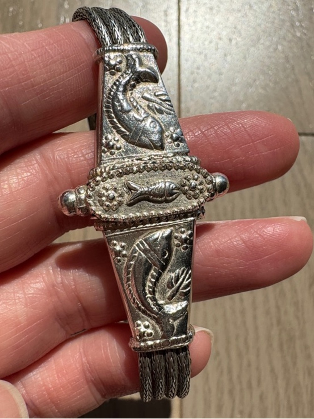 Silver Tone South Indian Fish Motif Cuff Bracelet 1970s-80s